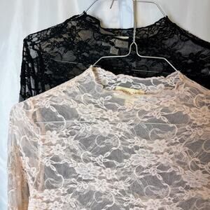Lot of 2 Sheer Lace Long Sleeve Mock Neck Tops Black Pink S Whimsigoth Coquette